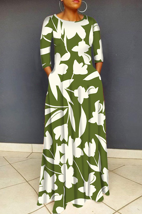 Green Floral Print O Neck 3/4 Sleeve Floor Length Casual Outings Straight Loose Maxi Dresss