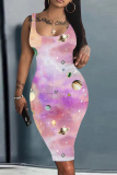 Purple Graphic Print U Neck Sleeveless Knee Length Casual Outings Plus Size Bodycon Vest Midi Dress
