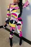 Rose Red Graphic Print Half A Turtleneck Long Sleeve Casual Outings Skinny Jumpsuit
