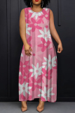 Dark Green Floral Print O Neck Sleeveless Ankle Length Casual Outings Straight Loose Pleated Maxi Dress