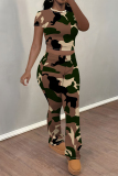 Grey Green Camouflage Print O Neck Short Sleeve T Shirt and Pocket High Waist Wide Leg Pant Casual Outings Two Piece Trouser Set