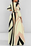 White Flowers Striped Print O Neck Nine Points Sleeve Pocket With Belt Casual Outings Loose Maxi Dress