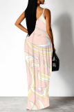 Dark Pink Geometric Print Deep V Neck Sleeveless Backless Spaghetti Strap Casual Outings Straight Loose Maxi Slip Dress