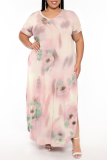 Light Blue Geometric Print V Neck Short Sleeve Pocket Side Slit Casual Outings Plus Size Straight Loose Maxi Dress