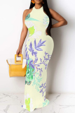 Light Khaki Flowers Stripe Geometric Print O Neck Sleeveless Casual Outings Straight Loose Maxi Dress