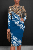 Purple Leopard Floral Print O Neck Long Sleeve Casual Outings Bodycon Midi Dress