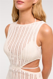 Off White Imitation Cotton Sleeveless Knit Cut-Outs Sheer Lace Up Swimwears Cover-Ups Vacation Beach Maxi Dresses