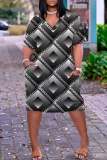 Pink Graphic Print V Neck Short Sleeve Knee Length Casual Daily Plus Size Straight Loose T Shirt Dress