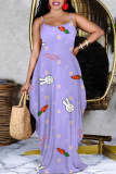Blue Purple Cartoon Flowers Letters Print Deep V Neck Sleeveless Backless Spaghetti Strap Casual Outings Straight Loose Maxi Slip Dress