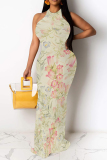 Light Khaki Flowers Stripe Geometric Print O Neck Sleeveless Casual Outings Straight Loose Maxi Dress
