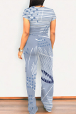 Light Blue Geometric Print O Neck Short Sleeve T Shirt and Pocket High Waist Wide Leg Pant Casual Outings Two Piece Trouser Set