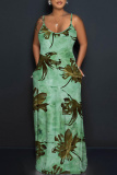 Blue Floral Print Sleeveless Backless Spaghetti Strap Floor Length Casual Outings Straight Loose Maxi Slip Dresss