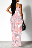 Dark Pink Geometric Print Deep V Neck Sleeveless Backless Spaghetti Strap Casual Outings Straight Loose Maxi Slip Dress