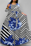 White Flowers Striped Print O Neck Nine Points Sleeve Pocket With Belt Casual Outings Loose Maxi Dress