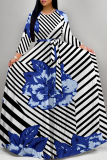 White Flowers Striped Print O Neck Nine Points Sleeve Pocket With Belt Casual Outings Loose Maxi Dress