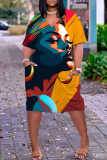 Green Figured Print V Neck Short Sleeve Knee Length Casual Daily Plus Size Straight Loose T Shirt Dress