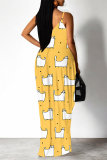 Blue Purple Cartoon Flowers Letters Print Deep V Neck Sleeveless Backless Spaghetti Strap Casual Outings Straight Loose Maxi Slip Dress