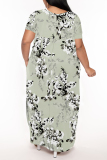 Light Blue Geometric Print V Neck Short Sleeve Pocket Side Slit Casual Outings Plus Size Straight Loose Maxi Dress