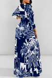White Flowers Striped Print O Neck Nine Points Sleeve Pocket With Belt Casual Outings Loose Maxi Dress
