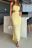 Yellow Imitation Cotton Hollow Out Side Slit Ruched Cover-Ups Vacation Beach Maxi Dresses