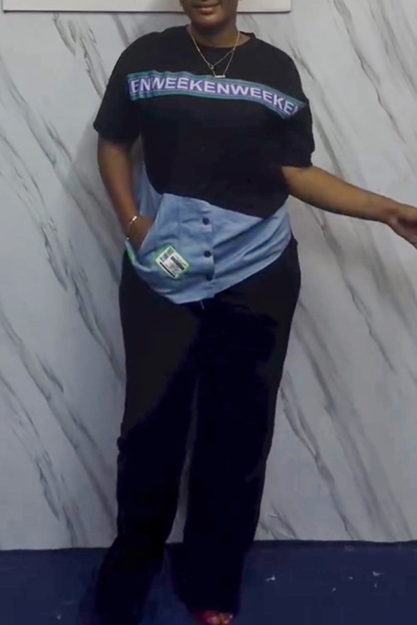 Black Denim Patchwork O Neck Short Sleeve T Shirt and Baggy Pant Casual Outings Two Piece Matching Set