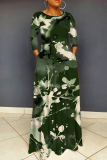 Green Floral Print O Neck 3/4 Sleeve Floor Length Casual Outings Straight Loose Maxi Dresss