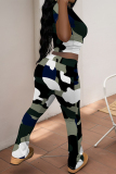 Grey Green Camouflage Print O Neck Short Sleeve T Shirt and Pocket High Waist Wide Leg Pant Casual Outings Two Piece Trouser Set