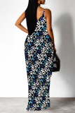 Blue Purple Cartoon Flowers Letters Print Deep V Neck Sleeveless Backless Spaghetti Strap Casual Outings Straight Loose Maxi Slip Dress