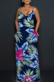 Blue Plants Print Sleeveless Backless Spaghetti Strap Floor Length Casual Outings Straight Loose Maxi Slip Dresss