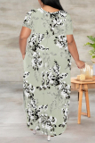 Light Blue Geometric Print V Neck Short Sleeve Pocket Side Slit Casual Outings Plus Size Straight Loose Maxi Dress
