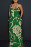 Blue Floral Print Sleeveless Backless Spaghetti Strap Floor Length Casual Outings Straight Loose Maxi Slip Dresss