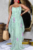 Dark Pink Geometric Print Deep V Neck Sleeveless Backless Spaghetti Strap Casual Outings Straight Loose Maxi Slip Dress