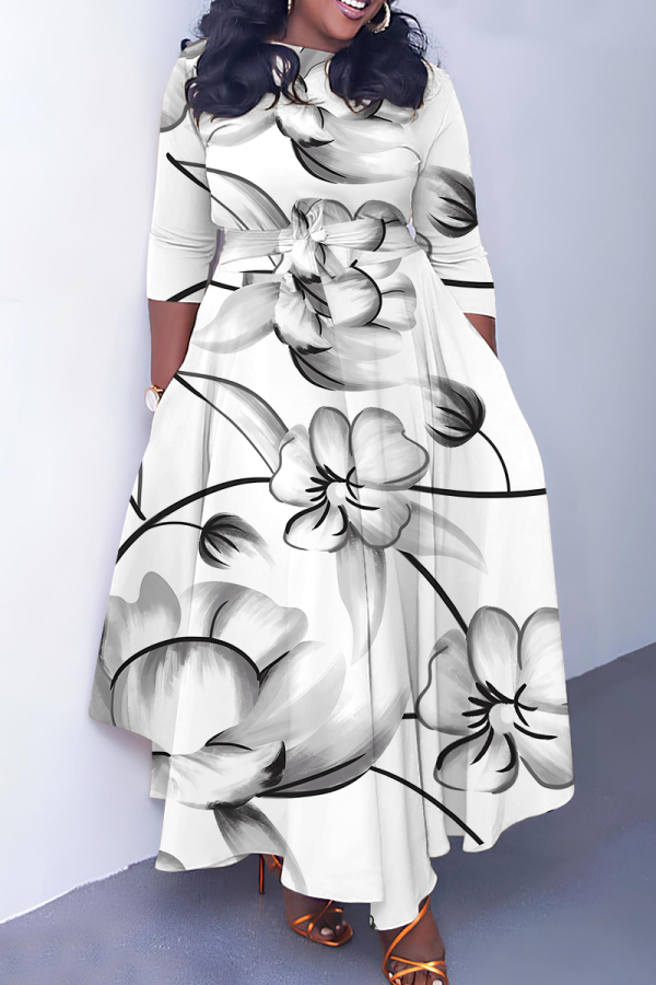 White Grey Graphic Print O Neck 3/4 Sleeve Casual Daily Plus Size Pleated Maxi Dress