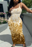 Gold Graphic Print Off Shoulder Sleeveless Backless Spaghetti Strap Casual Outings Bodycon Maxi Slip Dress