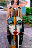 Blue Orange Figure Print Sleeveless Backless Spaghetti Strap Floor Length Casual Outings Straight Loose Maxi Slip Dresss