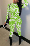 Blue Graphic Print Half A Turtleneck Long Sleeve Casual Outings Plus Size Skinny Jumpsuit