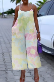 Pink Floral Print Off Shoulder Sleeveless Backless Spaghetti Strap Causl Outing Cami Jumpsuit
