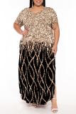 Light Blue Geometric Print V Neck Short Sleeve Pocket Side Slit Casual Outings Plus Size Straight Loose Maxi Dress