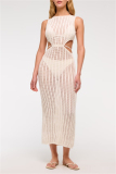 Off White Imitation Cotton Sleeveless Knit Cut-Outs Sheer Lace Up Swimwears Cover-Ups Vacation Beach Maxi Dresses
