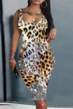 Brown U Neck Sleeveless Knee Length Casual Outings Plus Size Bodycon Vest Midi Dress