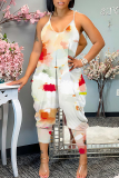 Blue Graphic Print Deep V Neck Off Shoulder Long Sleeve Casual Outings Cami Harlan Jumpsuit