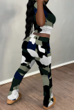 Grey Green Camouflage Print O Neck Short Sleeve T Shirt and Pocket High Waist Wide Leg Pant Casual Outings Two Piece Trouser Set