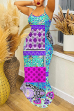 Pink Floral Print Off Shoulder Sleeveless Backless Spaghetti Strap Casual Outings Bodycon Maxi Slip Dress