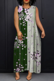 Dark Green Floral Print O Neck Sleeveless Ankle Length Casual Outings Straight Loose Pleated Maxi Dress