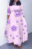 Light Purple Floral Print O Neck 3/4 Sleeve Casual Daily Plus Size Pleated Maxi Dress