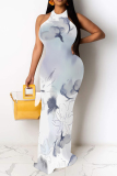 Light Khaki Flowers Stripe Geometric Print O Neck Sleeveless Casual Outings Straight Loose Maxi Dress
