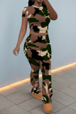 Grey Green Camouflage Print O Neck Short Sleeve T Shirt and Pocket High Waist Wide Leg Pant Casual Outings Two Piece Trouser Set