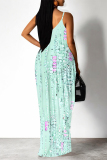 Dark Pink Geometric Print Deep V Neck Sleeveless Backless Spaghetti Strap Casual Outings Straight Loose Maxi Slip Dress