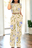 Light Blue Geometric Print O Neck Short Sleeve T Shirt and Pocket High Waist Wide Leg Pant Casual Outings Two Piece Trouser Set