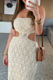 Yellow Imitation Cotton Hollow Out Side Slit Ruched Cover-Ups Vacation Beach Maxi Dresses